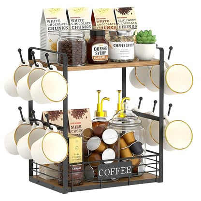Coffee Mug Rack with 12 Hooks, 2-Tier Coffee Bar Organizer with Shelf & Storage Basket, Countertop Coffee Cup Holder Stand for Kitchen, Home & Café - Black & Brown - color: 2-Tier (Large)