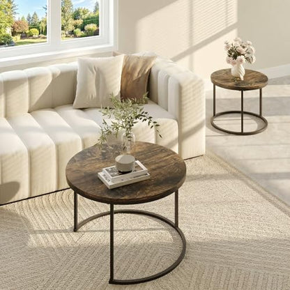 Round Coffee Tables for Living Room, Set of 2 (Rustic Wooden) | living room side table, Modern Nesting Drink for Small Spaces - color: Rustic Wooden