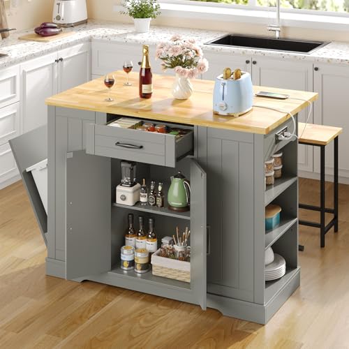 47" Kitchen Island with Seating, Stationary Island Table with Storage Include 2 Chairs, Kitchen Islands with Drop Leaf, Dining Table with Trash Cabinet & Power Outlet & Spice Rack, Grey - color: Grey