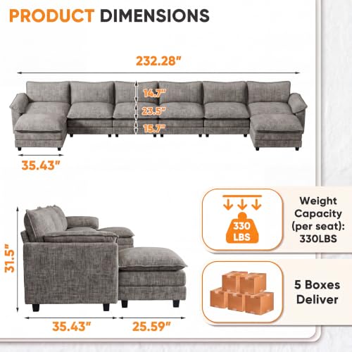 Homall 232" Oversized U Shaped Cloud Couch, Modular Sectional Sofa | 2 Movable Ottoman, Comfy Chenille, Double Layer Cushions, 6 Deep Seat, High-Density Foam, Easy Assembly, Light Grey - color: Light Grey, size: Oversized Sofa