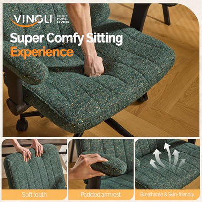 VINGLI Criss Cross Chair with Adjustable Flip-Up Arms,Cross Legged Chair with Wheels,Extra Wide Office Chair,Desk Chair for Home,Office,Vanity,Bedroom,Apartment,Starry Chenille,Dark Green - color: Dark Green