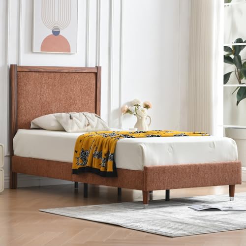 YUHUASHI Twin Upholstered Platform Bed Frame with Solid Wood Trim Headboard, Linen Fabric Upholstery, Sturdy Slat Support No Box Spring Needed, Easy Assembly (OCHER, Twin) - color: Ocher, size: Twin
