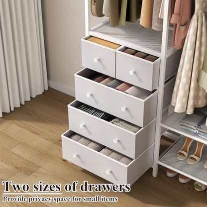 Freestanding Clothes Rack with 5 Drawers & 4 Storage Shelves,2 Hanging Rods | 59.1" W*70.9" H Heavy Duty Clothing Rack, Wardrobe Closet Organizer System with 5 Hooks, Garment Rack (White) - color: White