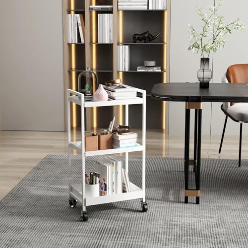 3-Tier Metal Utility Rolling Cart, Heavy Duty Multifunction Rectangular Cart with Lockable Casters, Kitchen Storage Carts Suitable for Office, Bathroom, Kitchen - White - color: White, size: 31.2"H