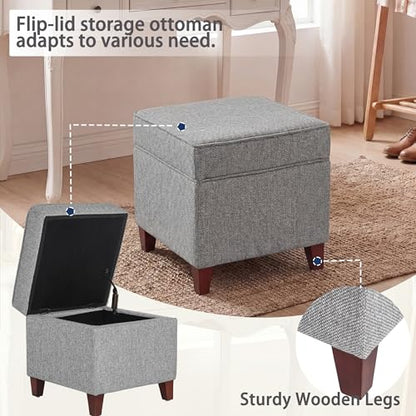 Linen Storage Ottoman with Wooden Legs, 17" Square Upholstered Flip-Top Footrest Stool, Extra Seat or Coffee Table for Living Room, Bedroom, Entryway, Grey - color: Grey