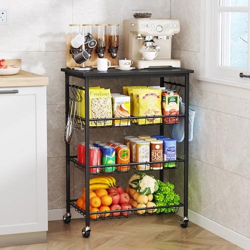 SWTYMIKI 24.4''x15.7'' Rolling Microwave Cart - 4 Tier Microwave Table Stand with 6 Storage Baskets, Coffee Bar with Wheels, Kitchen Utility Cart Shelf Rack Organizer for Vegetables, Potato, Black - color: Black