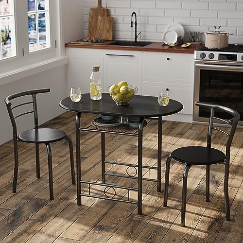 JUMMICO 3-Piece Wooden Round Table & Chair Set | Kitchen Breakfast Nook Wood Grain Tabletop with Metal Frame and Built-in Wine Rack for Kitchen, Dining Room (Black) - color: Black