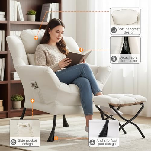 Lazy Chair with Ottoman, Comfy Reading Chair for Bedroom，Beige | Comfy Bedroom Accent Chair with Washable Removable Cover and extra throw pillow for Living Room Dorm - color: Peach Beige-1
