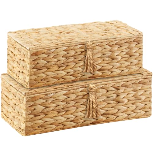 Wicker Storage Basket with Lid, Set of 2 Handwoven Water Hyacinth Storage Baskets for Shelves, Rectangular Storage Bins with Lid, Decorative Storage Boxes, Small Wicker Baskets for Organizing - color: Water Hyacinth