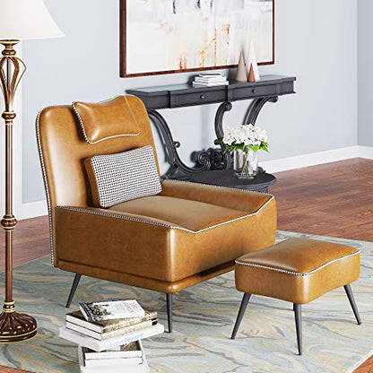 35" Accent Chair with Ottoman, Wide PU Leather Chair and Ottoman | Oversized Upholstered Armless Chair Mid Century Modern Side Chair with Ottoman For Living Room Bedroom Lounge Chair Brown - color: Brown