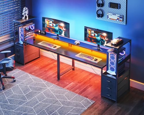 AODK Gaming Desk w/PC Showcase Stand, 59" Reversible, RGB LED, Black | Elevated stand fits Lian Li O11, Hyte Y60. Triple drawers hide cables, controllers, clutter - color: Black, size: 59 Inches