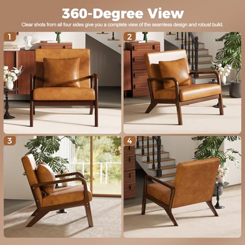 Mid-Century Modern Chair,Upholstered Accent Chair Reading Arm Chair with Cushion & Lumbar Pillow & Solid Wood Frame for Lounge, Living Room, Bedroom, Office, Brown-PU Leather, 2PCS - color: New Arrival - Brown, Pu Leather, size: Set of 2