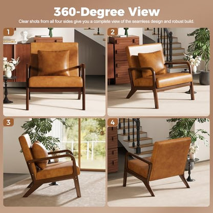 Mid-Century Modern Chair,Upholstered Accent Chair Reading Arm Chair with Cushion & Lumbar Pillow & Solid Wood Frame for Lounge, Living Room, Bedroom, Office, Brown-PU Leather, 2PCS - color: New Arrival - Brown, Pu Leather, size: Set of 2