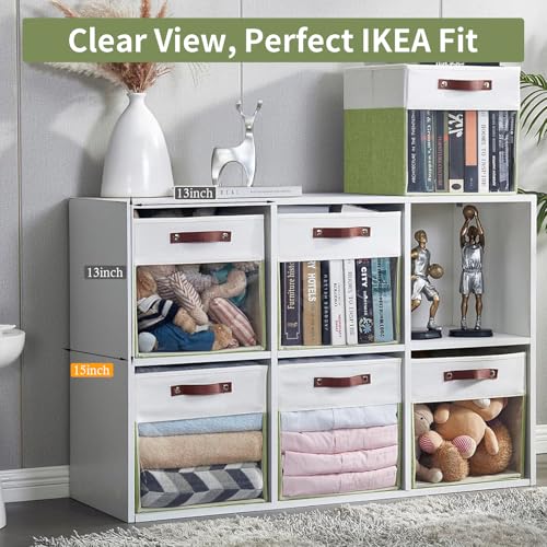 Storage Cubes, 4 Pack Linen Foldable Storage Bins with Clear Window and 2 Handles, 13x15x13 for Shelf Closet, Kallax, Clothes, Books - Green/Off-White - color: Green / Off-White, size: 13 x 15 x 13