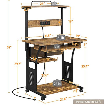 Topeakmart 3 Tiers Rolling Computer Desk with Power Outlet and USB Ports for Space Saving, Home Office Desk with Keyboard Tray and Printer Shelf on Wheels, Laptop PC Workstation Table, Rustic Brown - color: Rustic Brown