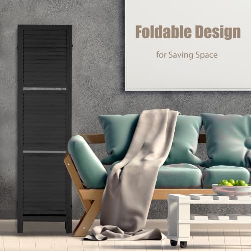 6 Panel Room Divider with Shelves | Freestanding Wooden Louvered Privacy Screen, Built‑in Display Shelves, Foldable Hinges, Black - color: Black-6 Panel, size: 6 Panel