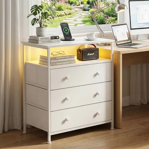 3-Drawer LED Nightstand with Charging Station, White | Engineered Wood and Steel, 2 AC and 2 USB ports, 24 Inch Wide, RGB App Control, Fabric Drawers, Open Storage Shelf - color: White