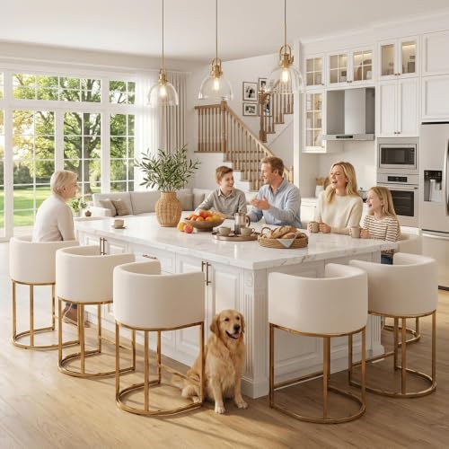 HNY Modern Counter Height Linen Cream Fabric Upholstered Counter Stool Set of 2, 24 Inch Kitchen Island Stool with Gold Metal Frame - color: 24inch Cream,gold Base