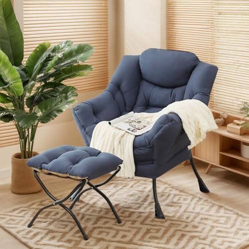 Lazy Chair with Ottoman, Soft Comfy Chair for Bedroom, Navy | Reading Accent Lounge Chair with folding Foot Stool for Living Room Dorm Apartment, sturdy metal frame - color: Navy