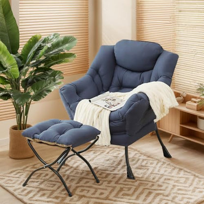 Lazy Chair with Ottoman, Soft Comfy Chair for Bedroom, Navy | Reading Accent Lounge Chair with folding Foot Stool for Living Room Dorm Apartment, sturdy metal frame - color: Navy