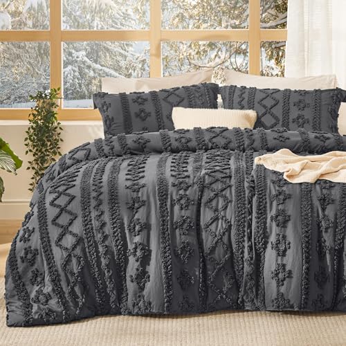 Bedsure Tufted Boho Comforter Set Twin Size - Dark Grey Boho Bed Set, GentleSoft™ 2 Pieces Farmhouse-Style Embroidery Bedding, Gifts for Woman, Soft Jacquard Kids' Twin Comforter for All Seasons - color: 19 - Dark Grey - Elegant, size: Twin/Twin XL