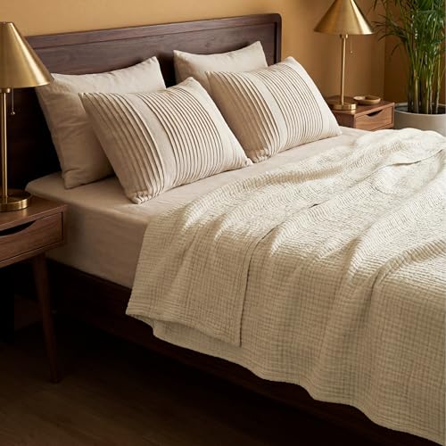 Bedsure 100% Cotton Muslin Blanket Queen Size for Bed - 4-Layer Breathable and Lightweight Soft Gauze Muslin Blankets for Adults, PureWoven Thin Summer Blanket, All Season, Linen Beige, 90x90 Inches - color: 00 - Beige, size: Queen (90" X 90")