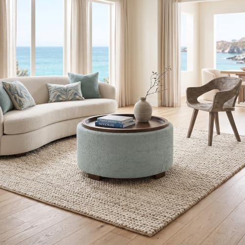 Zihanhome 30" Round Chenille Storage Ottoman Coffee Table with Removable Tray Top, Large Hidden Storage Ottoman, Solid Wood Legs for Living Room, Bedroom, Apartment (Teal) - color: Teal