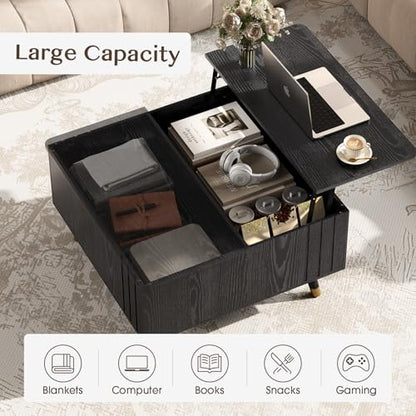 JOINICE Black Lift Top Coffee Table with Storage for Living Room,Square | 32" Multi-functional Pop Up Center Table,Large Hidden Compartments with Solid Wood Legs,Lift to 23",Hold 100lbs,Easy Assembly - color: Black_square