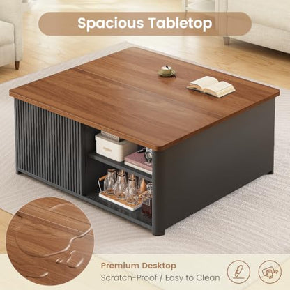 SEDETA 31.5" Lift Top Coffee Table with Storage, Square Coffee Tables for Living Room, Fluted Coffee Table with Large Hidden Storage Compartment and Adjustable Shelves, Fluted Black - color: Fluted Black
