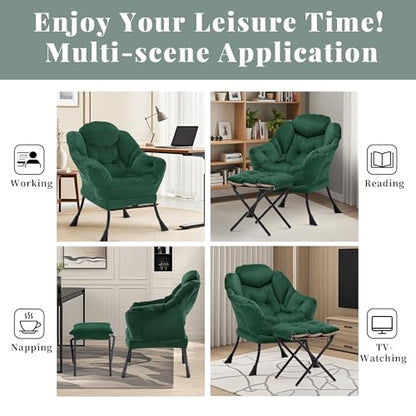 Lazy Chair with Ottoman, Comfy Reading Chair, Emerald Green | Cushioned Seat with Foldable Ottoman and Side Pocket, Lounge Chair for Bedroom, Living Room, Dorm and Small Spaces - color: Emerald Green