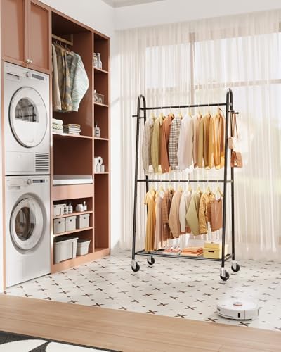 Sakugi Clothes Rack 36.5" x16.9" x72.8" Black Double Rod Mesh Shelf | Heavy Duty,Bedroom, Closet, Triangular Design, Freestanding, Metal Construction - color: Black
