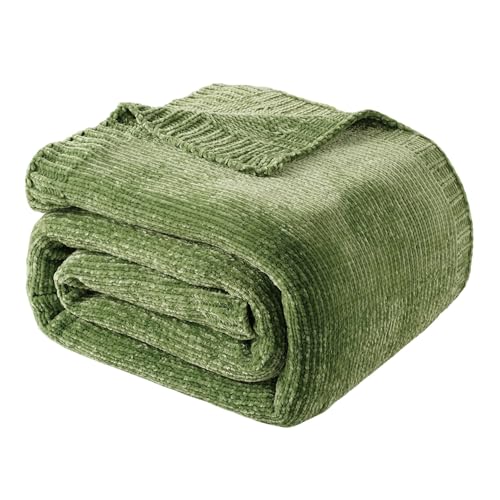 Green Chenille Throw Blanket for Couch, Soft Knit Throw Blanket 51"x67" | Shiny Chenille Blanket, Decorative Soft Moss Green Blankets for Bed Sofa Living Room - color: Green