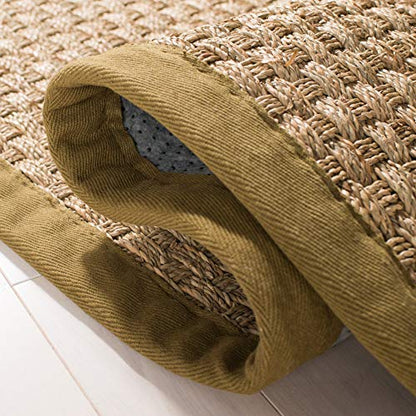 SAFAVIEH Area Rug 6' Round - Natural Fiber Collection - Natural & Olive Green, Seagrass, Basketweave Pattern with Border (NF114G) - color: Natural/Olive, size: 6' (Round)