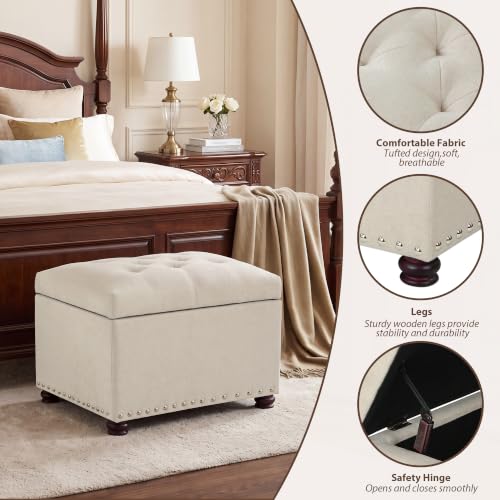 24" Ottoman with Storage,Fabric Tufted Storage Ottoman with Legs | Rectangle Upholstered Ottoman Bench Foot Stool for Living Room Bedroom Entryway,Nailhead Trim,400 lbs Capacity, Beige - color: Beige