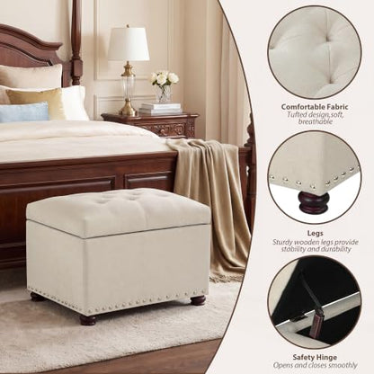 24" Ottoman with Storage,Fabric Tufted Storage Ottoman with Legs | Rectangle Upholstered Ottoman Bench Foot Stool for Living Room Bedroom Entryway,Nailhead Trim,400 lbs Capacity, Beige - color: Beige
