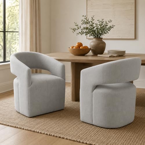 Upholstered Barrel Chair with Casters, Soft Textured Fabric Accent Armchair, Curved Wraparound Backrest, Open Cutout, Rounded Seat for Vanity Office Bedroom, Light Gray - color: Light Gray