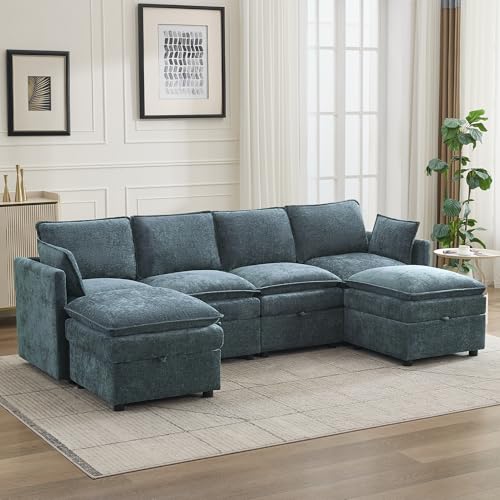 105" Cloud Modular 4 Seater Sofa with 2 Storage Ottoman, Modern Upholstered Sofa Storage Sofa Couch Deep Seat, U Shape Sectional Sofa Chenille Comfy Couch with Armrests for Living Room, Blue - color: Blue, size: 105" 4 Seater+2 Ottoman