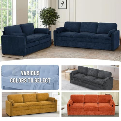 89" Chenille Modern Sofa w/Plump Backrests, Blue | 3 Seater Couch w/Soft Pillows, Comfy Upholstered Couch w/Thicker & Deeper Seats for Living Room, Bedroom - color: Blue, size: Sofa