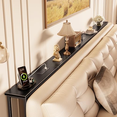 Huuger 110 Inch Sofa Table with Power Outlets, Skinny Behind Couch Table | 5.9 Inch Narrow Entryway Table, Extra-Long Console Table, Behind the Couch Table with Outlet for Living Room, Black - color: Black, size: 5.9"D × 110"W × 29.7"H