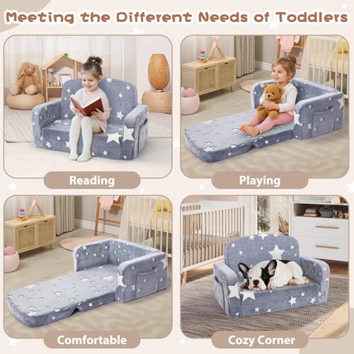 Foryoomi Extra Wide Kids Couch, 2-in-1 Soft Couch with Blanket, Glow in The Dark, Comfy Chair with Cloud Pillow, Convertible Sofa, Star - color: Grey Star