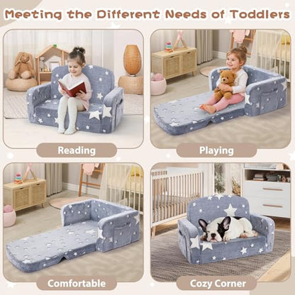Foryoomi Extra Wide Kids Couch, 2-in-1 Soft Couch with Blanket, Glow in The Dark, Comfy Chair with Cloud Pillow, Convertible Sofa, Star - color: Grey Star