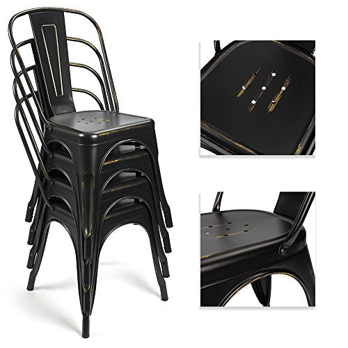 Devoko Metal Indoor-Outdoor Chairs Distressed Style Kitchen Dining Chairs Stackable Side Chairs with Back Set of 4 (Black Gold) - color: Black Gold