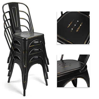 Devoko Metal Indoor-Outdoor Chairs Distressed Style Kitchen Dining Chairs Stackable Side Chairs with Back Set of 4 (Black Gold) - color: Black Gold