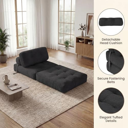 COSTWAY Folding Sofa Bed with Pillow, Convertible Couch (Black) | with Backrest & Fixing Straps, Boneless Convertible Sleeper Chair for Adults, Guest Use, Living Room - color: Black