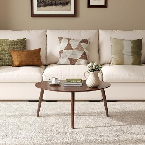 Small Oval Coffee Table, 33.5" Mid Century Modern Coffee Table for Living Room, 100% Solid Oak Wood Side Table, Minimalist Display Center Table (Walnut Color, 33.46''Wx22.83''Dx15.74''H) - color: Walnut Color, size: Large - 1 Piece