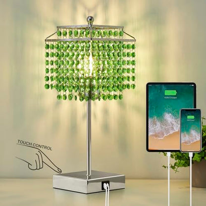 Luvkczc Crystal Table Lamp with Touch Control, Bedside Crystal Table Lamp with USB C+A Ports,Dimmable Lamp for Girls Bedroom, Living Room, Green & B11 LED Bulb Included - color: Green