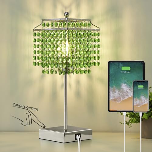 Luvkczc Crystal Table Lamp with Touch Control, Bedside Crystal Table Lamp with USB C+A Ports,Dimmable Lamp for Girls Bedroom, Living Room, Green & B11 LED Bulb Included - color: Green