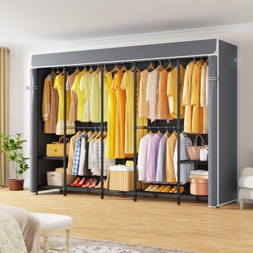 H50C Clothes Rack with Cover, Large Covered Clothing Rack, Gray | Freestanding Portable Closets for Hanging Clothes, Heavy Duty Garment Racks with Shelves, 91.3 Inches Wide, Max Load 1350 Lbs - color: Black Rack with Gray Cover