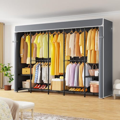 H50C Clothes Rack with Cover, Large Covered Clothing Rack, Gray | Freestanding Portable Closets for Hanging Clothes, Heavy Duty Garment Racks with Shelves, 91.3 Inches Wide, Max Load 1350 Lbs - color: Black Rack with Gray Cover