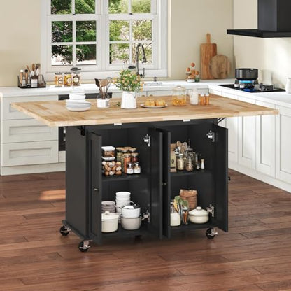62.8 INCH Rolling Kitchen Island Cart with Double Drop Leaf, Small Mobile Kitchen Cart on Wheels, Folding Kitchen Island with Large Tbletop, Adjustable Shelves for Dining Room - color: Black